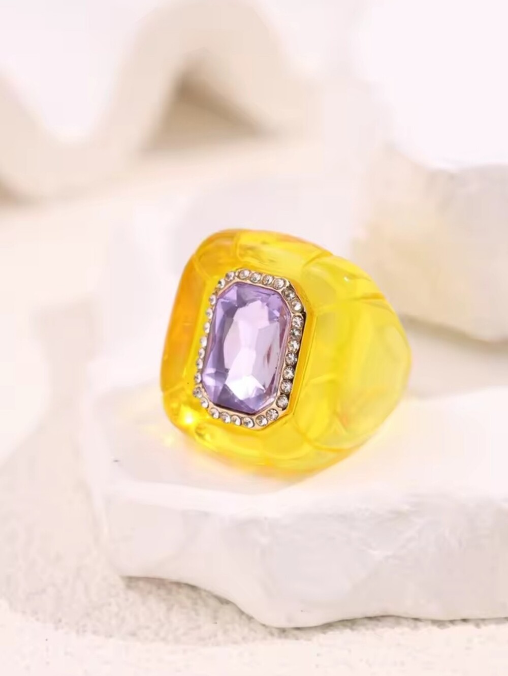 Yellow Resin & Lilac Rhinestone Ring, Diamond Studded, Similar to Swarovski NWOT